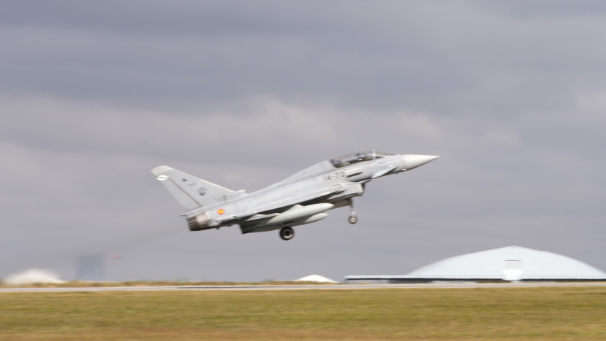Evreux Airport France JULY, 14, 2019 Take off of military aircraft, Eurofighter Typhoon of Spanish Air Force, follow shot