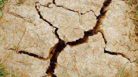 Close-up view of the surface of a grungy dry cracking parched soil, showing the signs of a prolonged drought and climate change