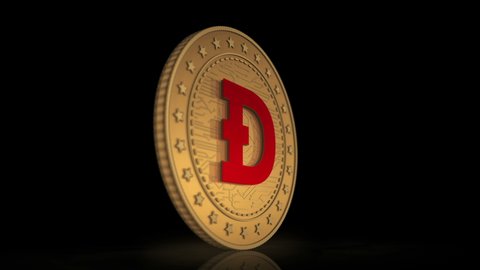 Dogecoin WOW cryptocurrency 3d gold coin on background. Rotate golden metal abstract concept animation of transaction and blockchain technology.