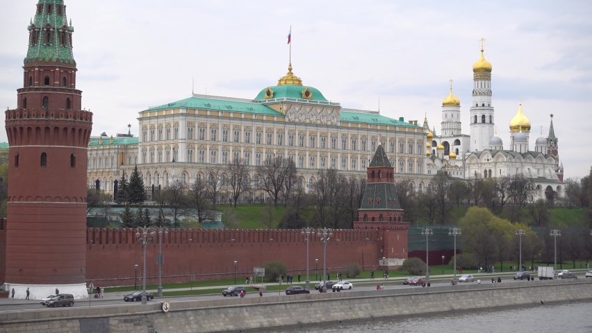 Moscow, Grand Kremlin Palace facade, Moscow river, Kremlin embankment. Russia Moscow May 2021 Royalty-Free Stock Footage #1072130546