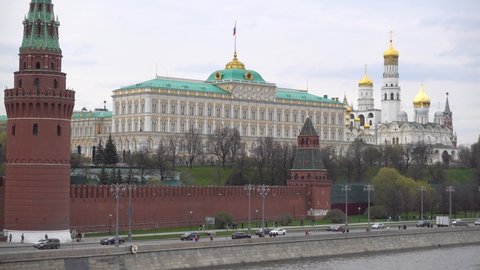 Moscow, Grand Kremlin Palace facade, Moscow river, Kremlin embankment. Russia Moscow May 2021