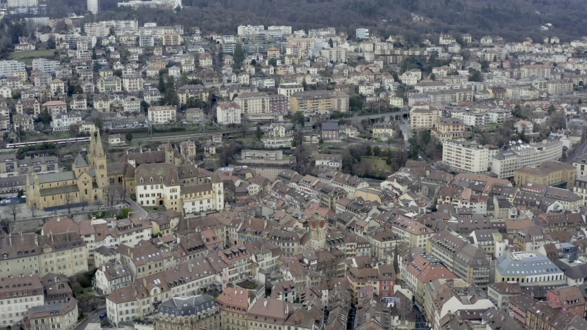 The romantic village Neuchâtel located on the beautiful lake during the winter season in the swiss alpine landscape, Switzerland, Europe.