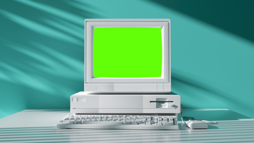 80s Style Old School Computer with Green Screen Technology. Retro Pc Computing Machine Element Indoors Home with Alpha Channel. Mockup Graphics Obsolete Hardware Tech in 1990s. Workspace Video Shot 4k Royalty-Free Stock Footage #1072139450