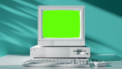 80s Style Old School Computer with Green Screen Technology. Retro Pc Computing Machine Element Indoors Home with Alpha Channel. Mockup Graphics Obsolete Hardware Tech in 1990s. Workspace Video Shot 4k
