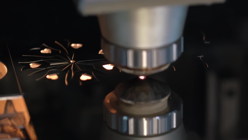 Modern technologies production high-tech equipment. CNC Laser cutting of metal, metallic hot gas in computer heavy industry. Industrial manufacture machine. Metalworking at plant. Cut metal laser burn Royalty-Free Stock Footage #1072140908