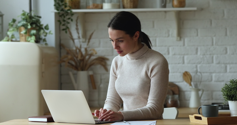 Woman sit a table feels annoyed angry due laptop not working properly, stressed about mistake software application error, system virus, unsaved data loss, lost info need repair, password wrong concept Royalty-Free Stock Footage #1072143695