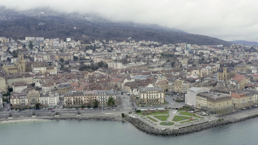The romantic village Neuchâtel located on the beautiful lake during the winter season in the swiss alpine landscape, Switzerland, Europe.