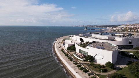 Lisbon, Portugal - 15 April 2021: Aerial view of Champalimaud Foundation along Tagus River in Belem district, Lisbon, Portugal.