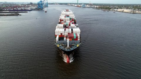 Aerial View of Cargo Container Ship Sailing the Delaware River
