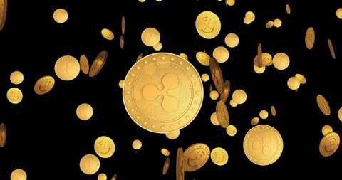 Ripple, XRP cryptocurrency gold coin falling. Loopable digital background. 3D seamless loop concept of transaction and blockchain technology. Rotating golden rain looping abstract animation.