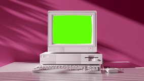 90s Style Old School Computer with Green Screen Technology. Retro Pc Computing Machine Element Indoors Home with Alpha Channel. Mockup Graphics Obsolete Hardware Tech in 1980s. Workspace Video Shot 4k