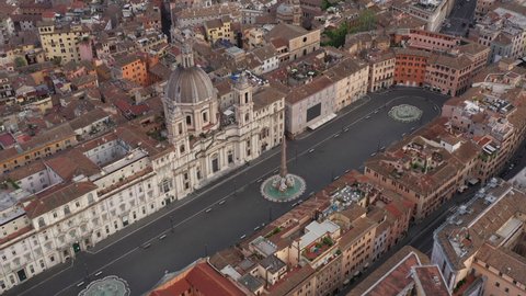 Aerial view of Piazza Navona, world famous square in Rome, Italy. Italian travel destination and landmark in Roma, Italia seen from drone flying in the sky