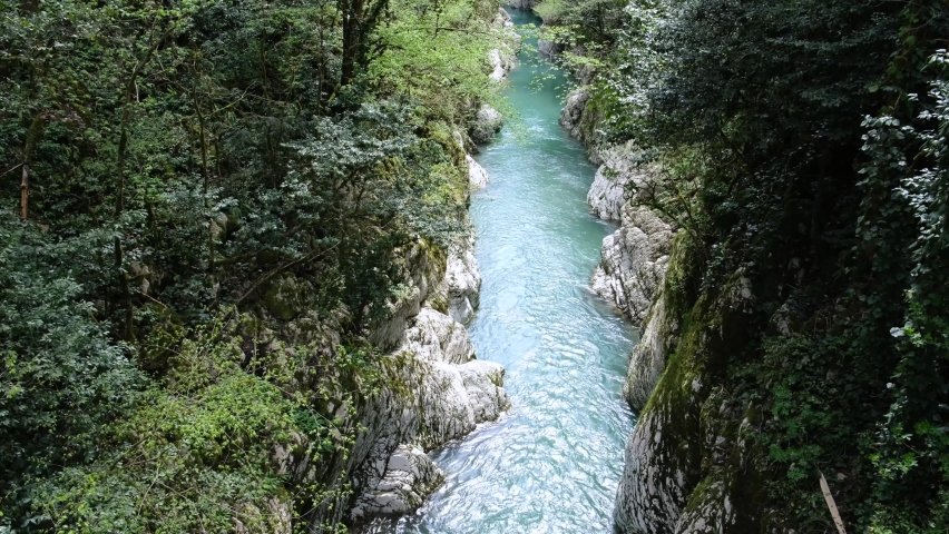 Mountain river with fast flowing water. Forest river in the mountains. Beautiful Landscape