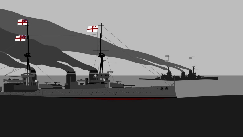 WW1. 1914. Battle of the Falkland Islands. Royal Navy battlecruisers HMS Invincible and Inflexible run to the Falkland Islands. Battleships in the High Seas. Loop animation 