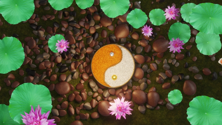 Koi  fish or fancy crap swim in a circle. Surrounding the yin and yang signs conveys feng shui. The floor of the pond is full of rocks. And pink lotus 3D Rendering.
