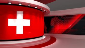 TV studio. Switzerland. Swiss flag. News studio.  Loop animation. Background for any green screen or chroma key video production. 3d render. 3d 