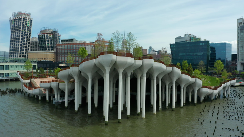 Rising and tilting down on Pier 55 Park in NYC facing East | Shutterstock HD Video #1072202618