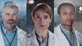 Multiscreen vertical video portrait of handsome male and female multi-ethnic doctors wearing white laboratory coats smiling positive to camera. - Powered by Shutterstock - Get 15% off with code: PIKWIZARD15