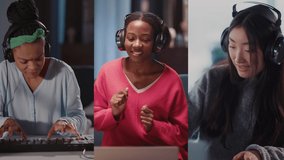 Collage multi-screen video portrait of multi-race attractive millennial girls wearing headphones creating music audiotracks enjoying sound smiling for camera.