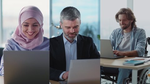 Trio of multi-ethnic successful corporate people in office doing online digital work by computer laptop learning good news. Multiscreen concept.