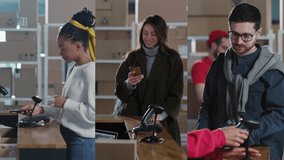 Multi-screen video of diverse multi-ethnic young people using mobile phones paying order credit card paypass NFC technology online in postal office delivery. - Powered by Shutterstock - Get 15% off with code: PIKWIZARD15