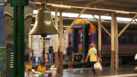 BANGKOK, THAILAND, 11 JULY 2019 Hua Lamphong main railroad station of state railway transport infrastructure, SRT. historical retro golden bell hanging. Brass vintage old-fashioned traditional signal