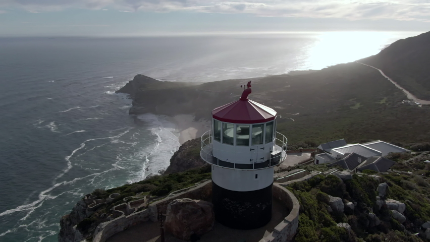 Aerial view of Cape of Good Hope and the old lighthouse at Cape Point in Cape Peninsula, Cape Town, South Africa.