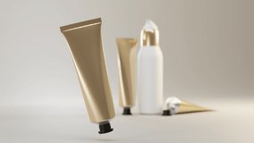 Gold metal tube beauty product face cream or hands with flowing liquid. Cosmetic pump bottle for cleansing skin on beige background, mockup open packaging. Realistic 3d animation ad design premium. - Powered by Shutterstock - Get 15% off with code: PIKWIZARD15