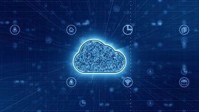 Motion graphic of Blue cloud computing storage with technology futuristic icon elements abstract background seamless loop video