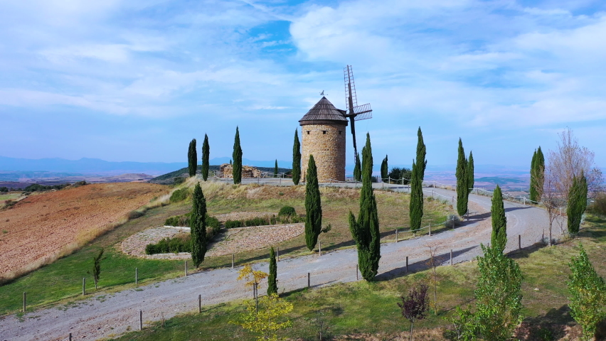 Aerial view of the Flour Windmill of the Valle de Ocón in the autonomous community of La Rioja, Spain, Europe