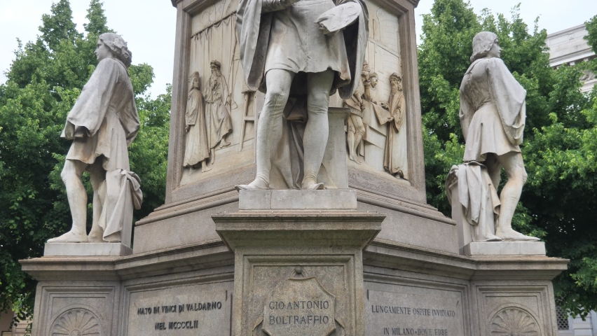 Leonardo da Vinci sculpture in Piazza della Scala Milan: Statue of Gio Antonio Boltraffio