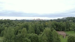 Aerial video: old wooden mill flying close to the blades, forest in the background