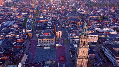 GRONINGEN, NETHERLANDS - 07. MAY 2021: Aerial view of city center with Martinitoren Church tower and Grote Markt