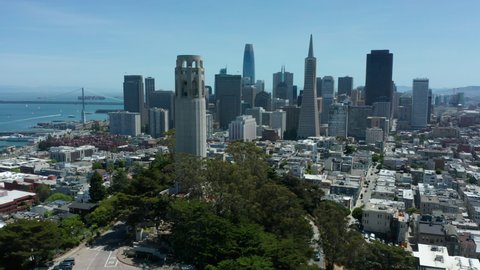 alt flying past Coit Tower towards San Francisco skyline