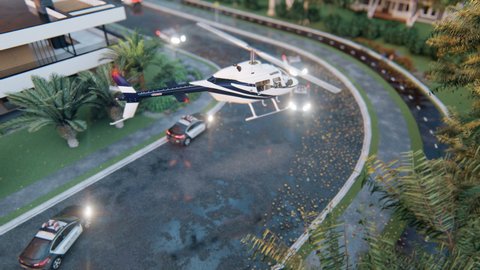 A helicopter with journalists lands next to police cars at the scene. View of the crime scene with police cars and a helicopter. The animation is for criminal, news or police backgrounds.