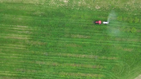 High aerial descending onto tractor spraying young fruit trees in orchard.