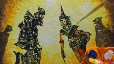 Art painting Acrylic color Thai pattern , Southern region Thai land , Light and Shadow Puppets , Nang Talung