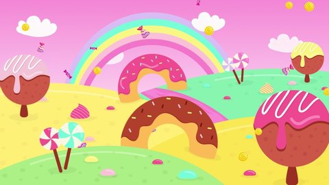 colorful candy land with lollipops and donuts,rainbow and clouds background,candy rain and smarties