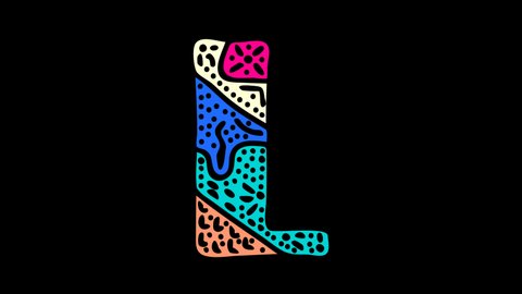Letter L. Colorful bright multi-colored contrasting cartoon doodle symbol, ornament. Unique font animated isolated on transparent Alpha channel. Letter L for logo, child education, kids, 4K games.
