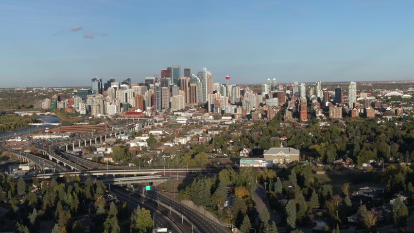 Aerial view of cityscape showing high rise buildings in Downtown Calgary during summer in Alberta, Canada.