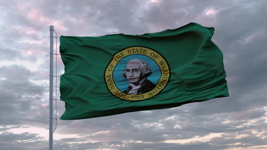 Waving flag of Washington state and LGBT rainbow flag background