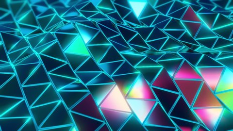 Futuristic Triangle waving surface seamless loop. Digital abstract B-Roll 3D animation in 4K with the DOF. Sci-fi lowpoly Iridescent glass background in neon colors. Trendy polygon render 30 fps.