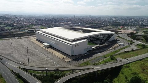 São Paulo, Brazil - 05, 2021: Arena stadium of the Corinthians football team in São Paulo, Itaquera. Aerial view captured from drone