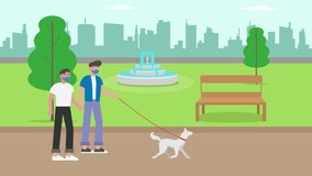 Gay couple animation wearing face mask while walking together with their pet in the park. Cartoon in 4k resolution - Powered by Shutterstock - Get 15% off with code: PIKWIZARD15