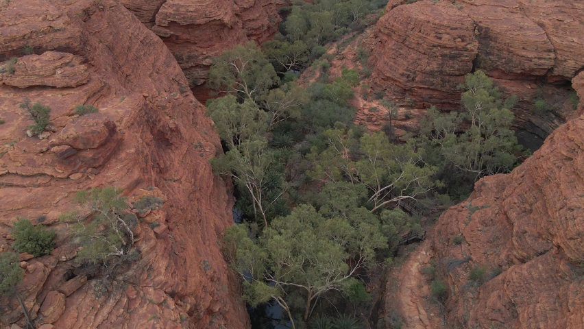 Aerial View Of Kings Canyon With Green Trees In Gorge In Northern Territory, Australia.