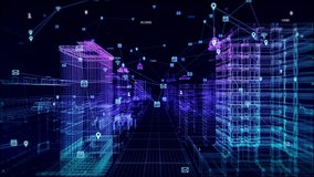 4k Cyber Digital Futuristic Developed City Loop Background. Computer Network And Data Skyscrapers. Smart City And Technology Business Concept. virtual reality hologram digital Wireframe environment. - Powered by Shutterstock - Get 15% off with code: PIKWIZARD15