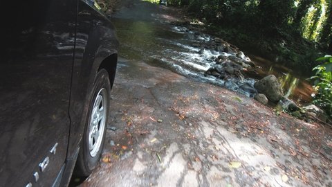 Action shot of car driving through water on road in jungle, Hawaii