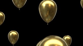 Close up shot of Golden Helium balloons Flying isolated on Black Background with Luma matte 4K