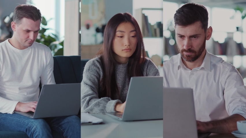 Multi-screen group portrait of three diverse young people freelancers working on laptop computers smiling to camera. Successful business youth. Multi-race. Royalty-Free Stock Footage #1072277738