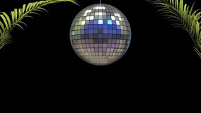 Two green palm branches frame a mirrored disco ball that rotates counterclockwise against a black background. Seamless loop. - Powered by Shutterstock - Get 15% off with code: PIKWIZARD15